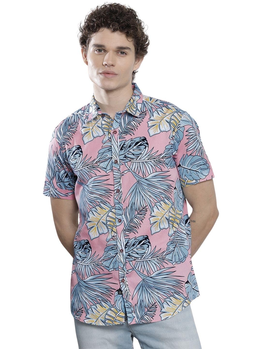 The Indian Garage Co Men Pink Floral Slim Fit Cotton Casual Shirt