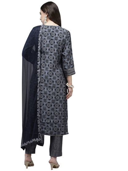 ishin Women's Silk Blend Navy Blue Embroidered & Gotta Patti A-Line Kurta suit set With Dupatta & Pant
