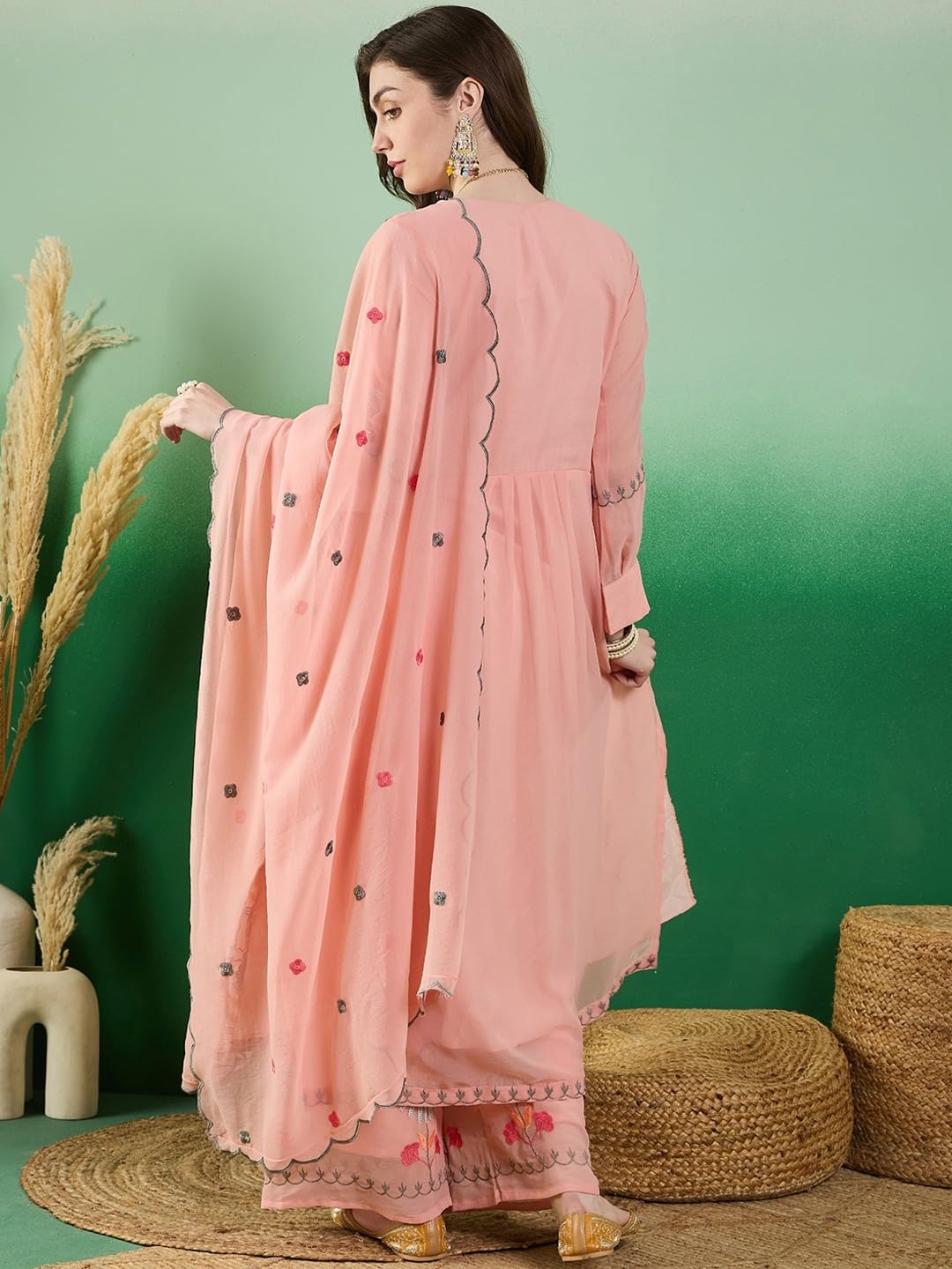 Fashion Basket WomenS Green Georgette Kurta Set With Dupatta