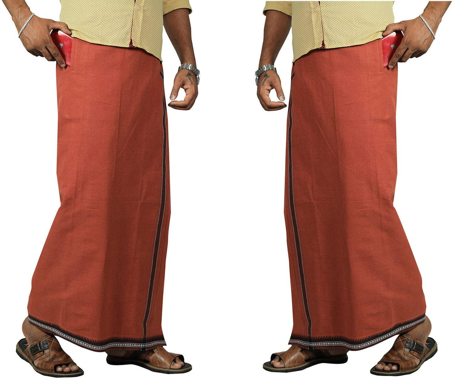 Prakasam Cotton Mens Kerala Thalapathi Border 2Way Pocket (Right &Left Side) Flexi Size (Adjustable) Colour Dhoti With 2 Side Po