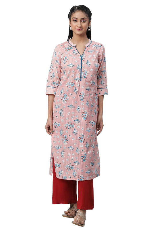 Aurelia Peach Floral Printed Printed Cotton Straight Long Kurta
