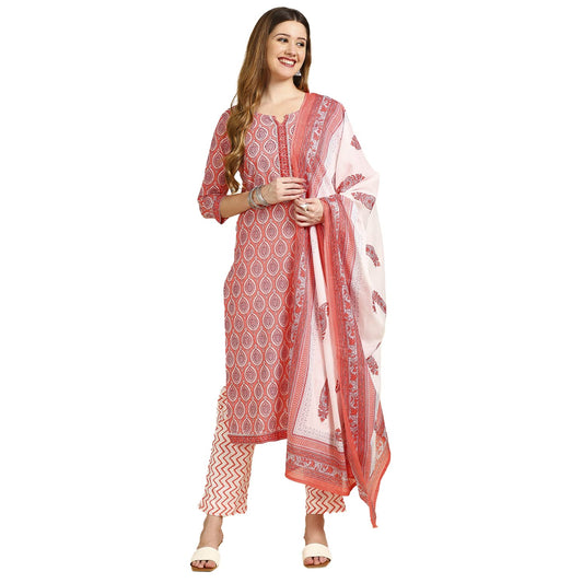 anubhutee Pink Ethnic Printed Cotton Straight Kurta Pant Suit Set with Dupatta for Women