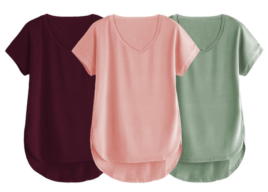 Fabricorn Combo Of Three Plain Sage Green, Dusty Rose And Wine V-Neck Up And Down Cotton Tshirt For Women (Sage Green, Dusty Ros