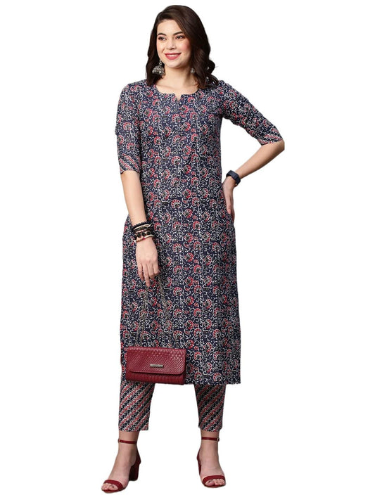 ANNI DESIGNER Womens Cotton Blend Traditional Straight Printed Kurta and Pant Set (Janar Dark Blue-FBF001_XL_Dark Blue_X-Large)