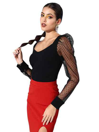 Miss Chase WomenS Black Solid V-Neck Full Sleeve Relaxed Fit Regular Top (Mcaw22D98-02-62-05, Black, L)