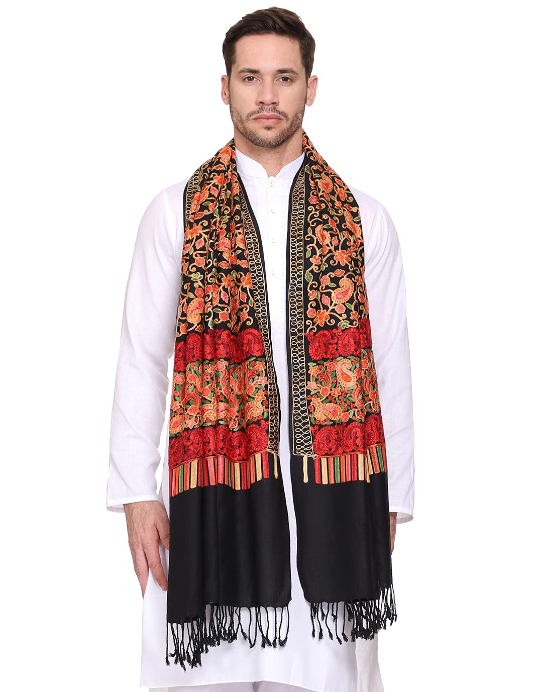 Weavers Villa Mens Floral Embroided Cashmilon Gents Shawls, Stoles, Muffler for Men, 70cm x 200cm