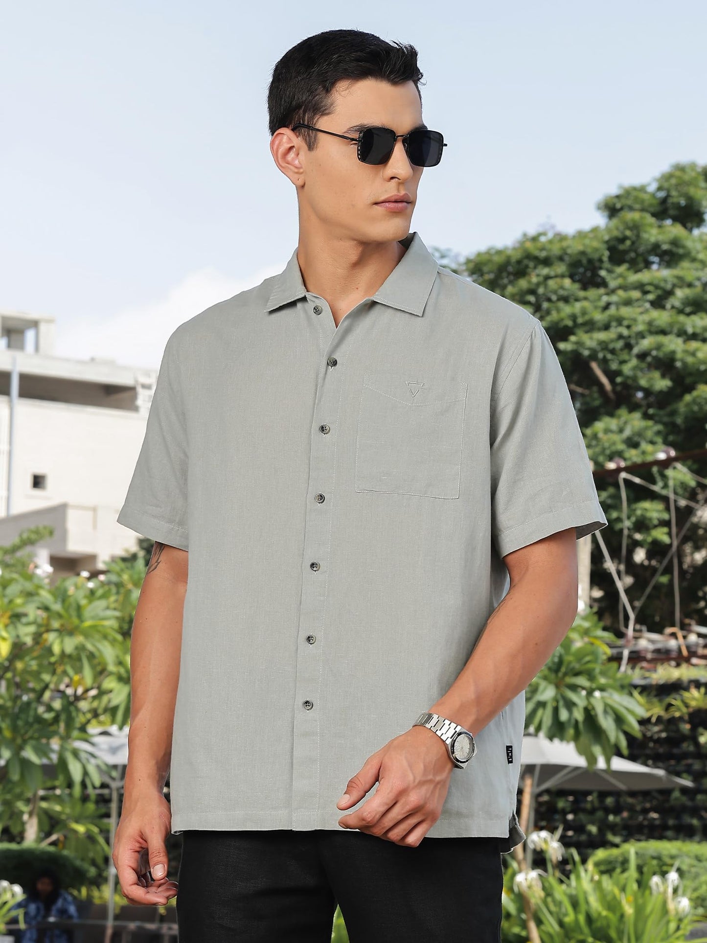 Thomas Scott Mens | Solid | Premium Irish Linen | Half Sleeve | Spread Collar | Casual | Shirt for Men Grey