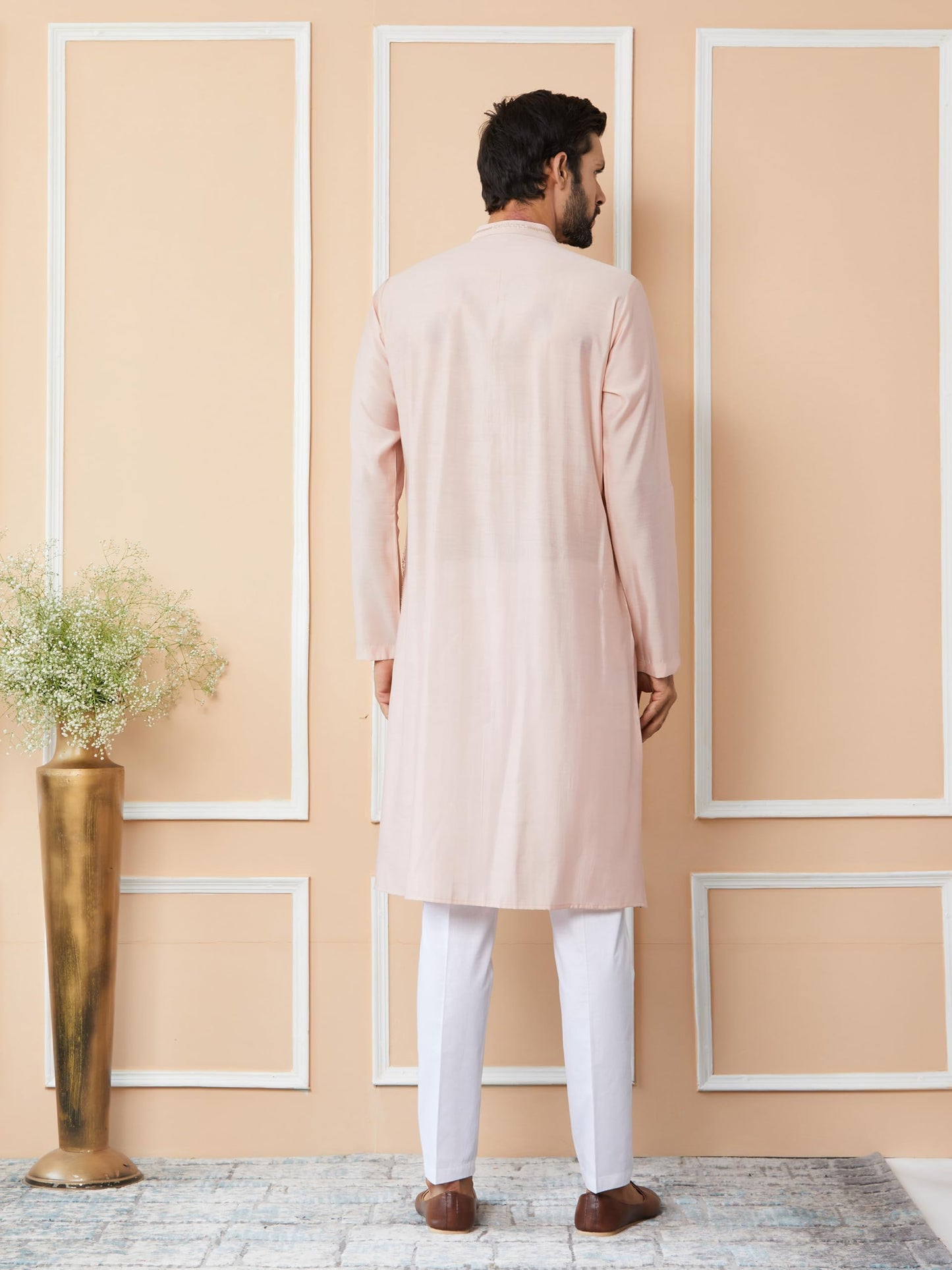 See Designs MenS Long Sleeve Mandarin Collar Side Slit Light Pink Sequins Embroidered Pure Chanderi Silk Straight Kurta - Sdkt2