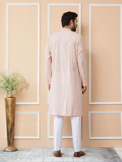 See Designs MenS Long Sleeve Mandarin Collar Side Slit Light Pink Sequins Embroidered Pure Chanderi Silk Straight Kurta - Sdkt2