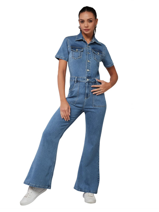 Dolce Crudo Womens flared High Rise Stretchable Denim Jumpsuit (DOSS24DEN04-59-115-30, Blue, 30)