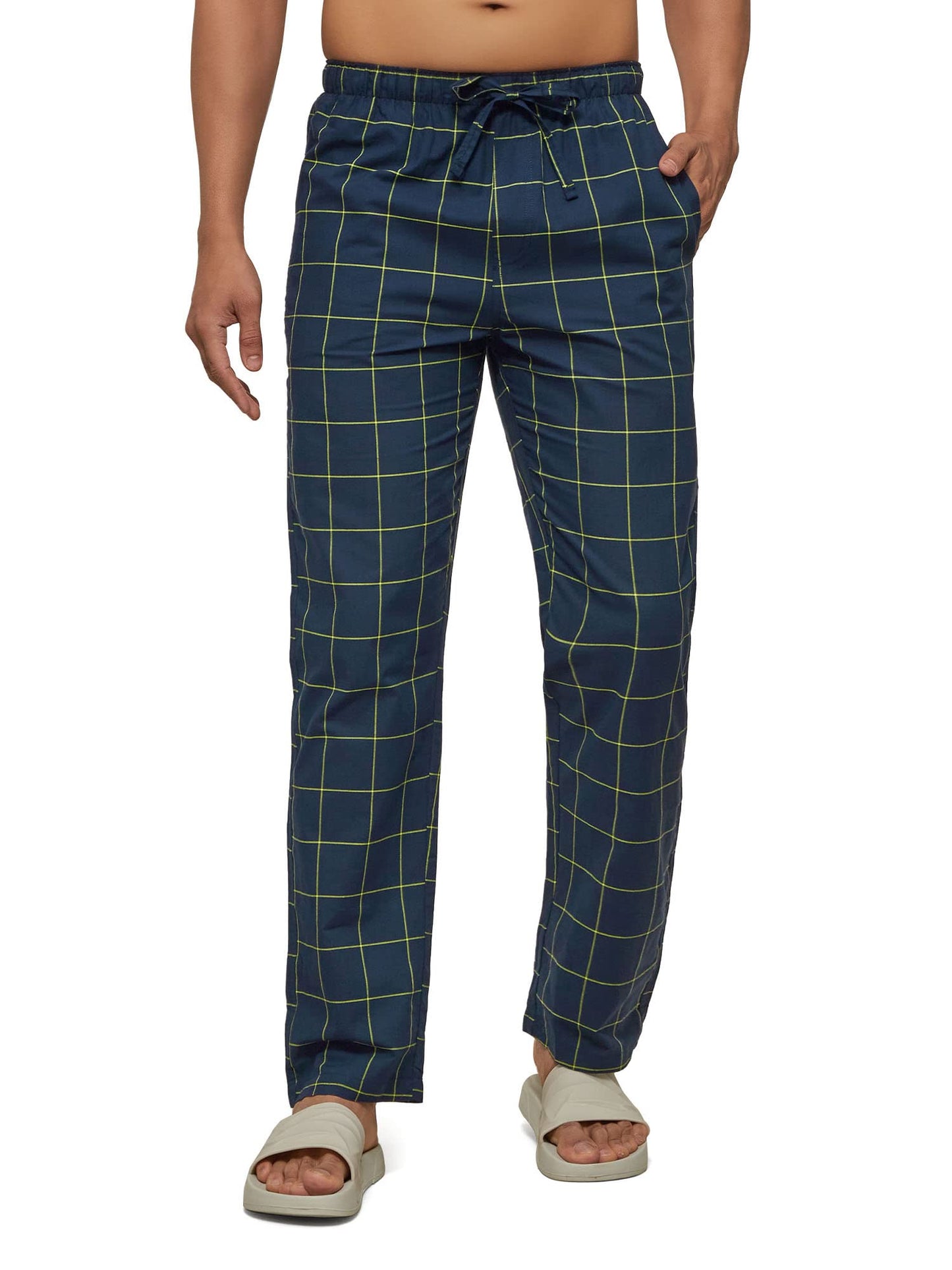XYXX Mens Super Combed Cotton Checkered Checkmate Pyjamas [Pack of 1] Elasticated Waist, Drawstring | Loungewear for Men in Lim