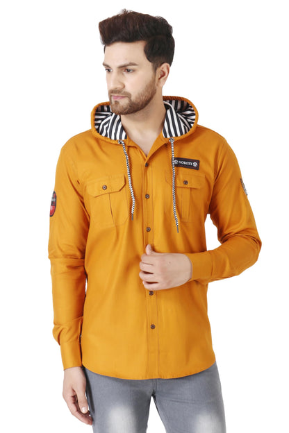 Besix MenS Orange Tailored Fit Cotton Blend Shirt For Man With Hoodie - Casual Long Sleeve Shirt With Pockets - Patch Detail Fo