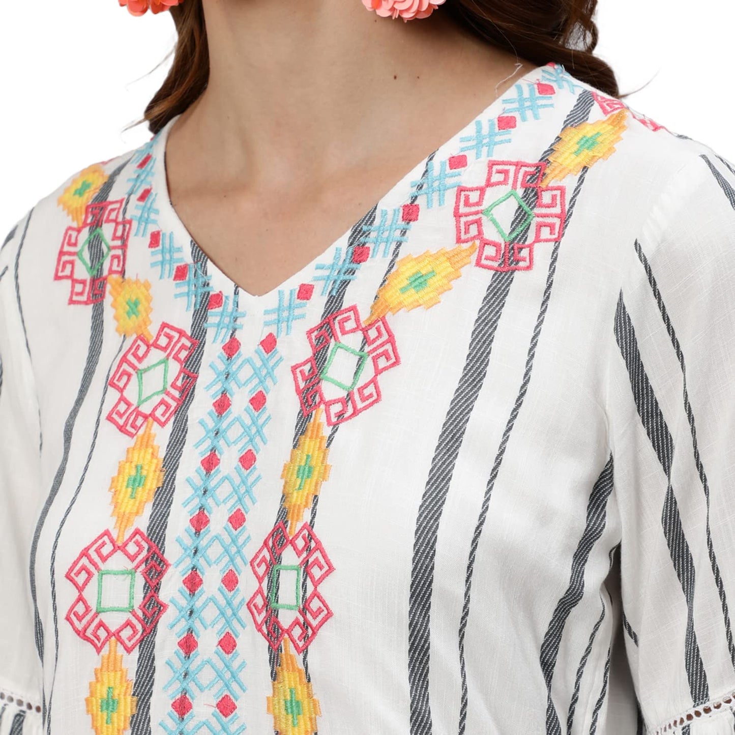 Ishin WomenS Rayon White Embroidered A-Line Dress