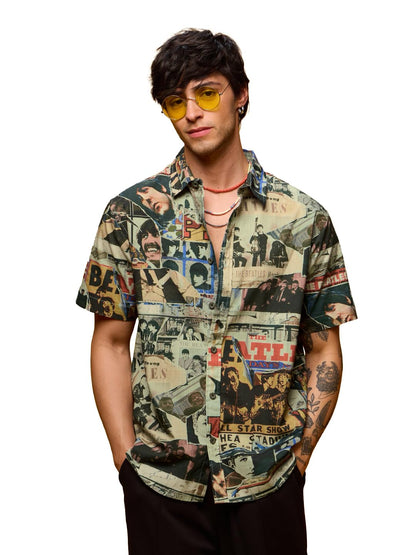 The Souled Store Official The Beatles: Through The Years Mens and Boys Short Sleeves Collared Neck Button Front Multicolor All O