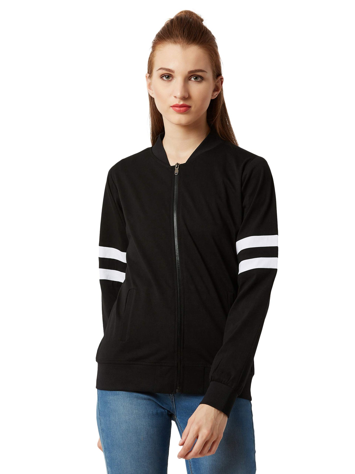 Miss Chase WomenS Black Stripe Bomber Jacket(Mcaw18Jkt02-39-62-05_Black_Large)