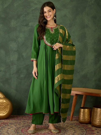 Naixa WomenS Chanderi Embroidered Flared Kurta With Pant And Dupatta Sets For Wedding Party And Festival Wear (Nx-762-Light-Gre