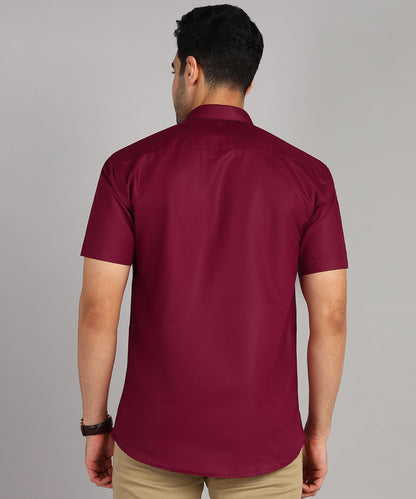 Mildin MenS Cotton Blend Solid Shirt With Spread Collared Half Sleeve Curved Hemline Button Closure Regular Fit And One Pocket