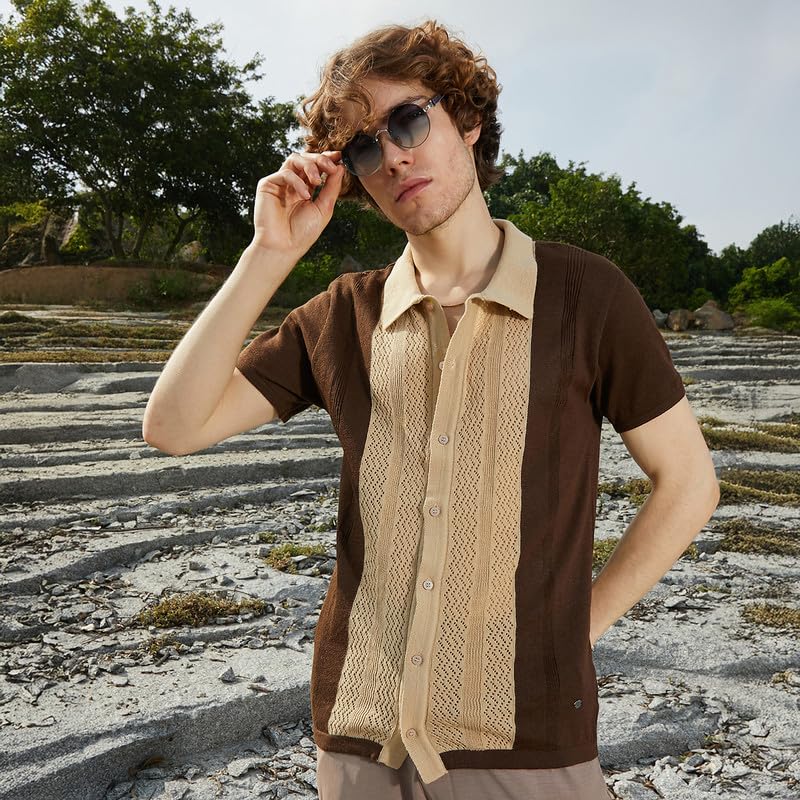 Campus Sutra Mens Buff Beige & Taupe Brown Block-Knit Slim-Fit Shirt for Casual Wear | Polo Neck | Short Regular Sleeves | Butt