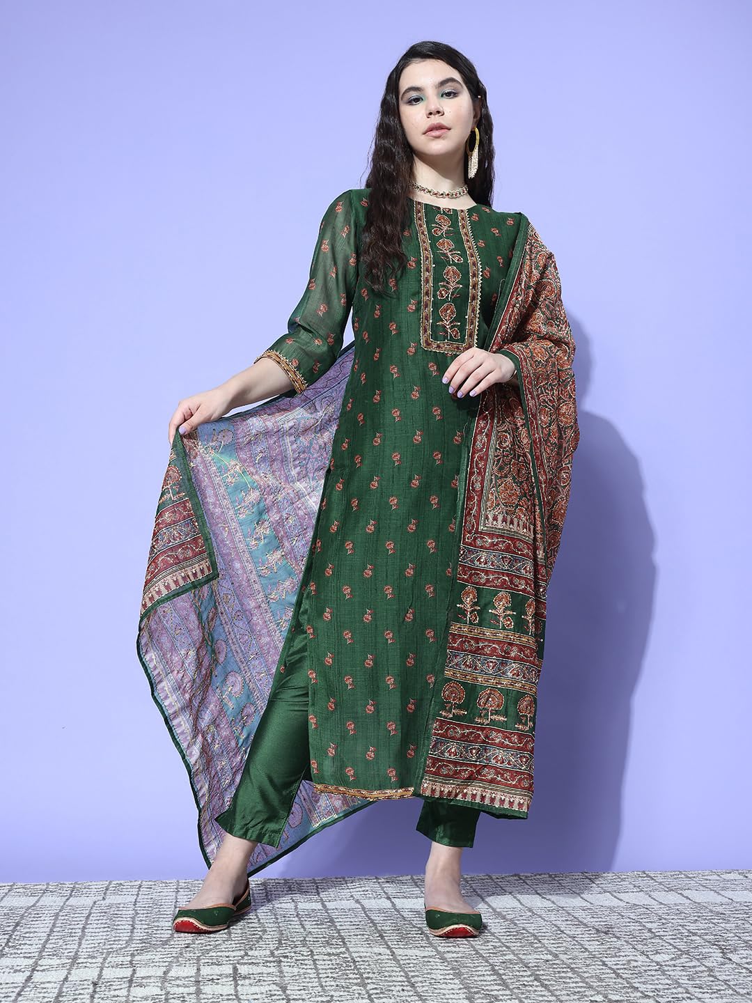 Varanga Womens Green Floral Printed Kurta with Tonal Bottom and Thread Embroidered Dupatta - Traditional Ethnic Wear for Women