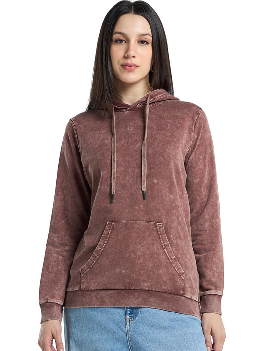 Bewakoof Womens Self Design Regular Fit Full Sleeve Fleece Acid Wash Hoodies_596580_Maroon_2XL