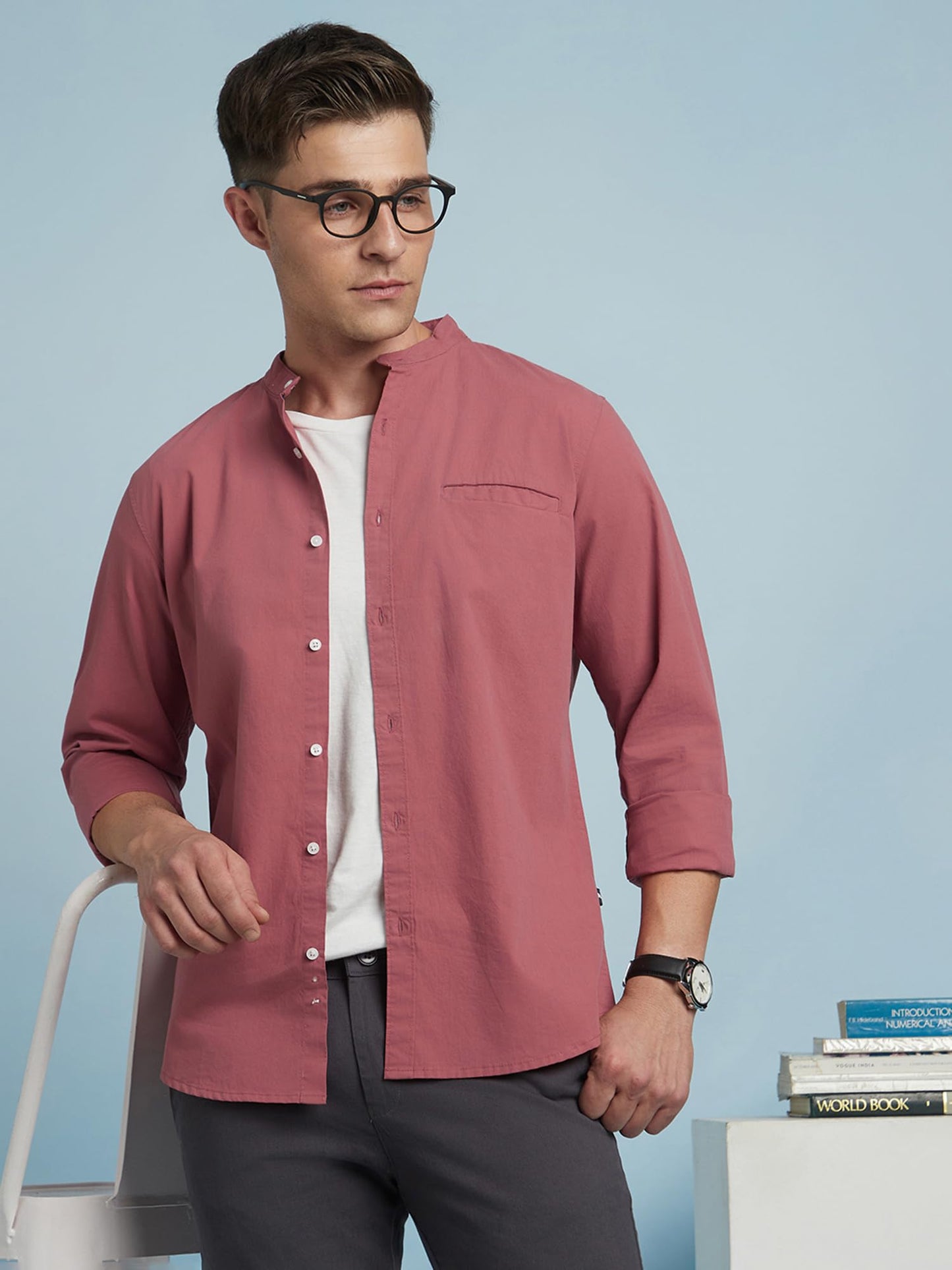 Dennis Lingo Men Solid Mandarin Collar Full Sleeves Regular Fit Casual Shirt Dusty-Pink