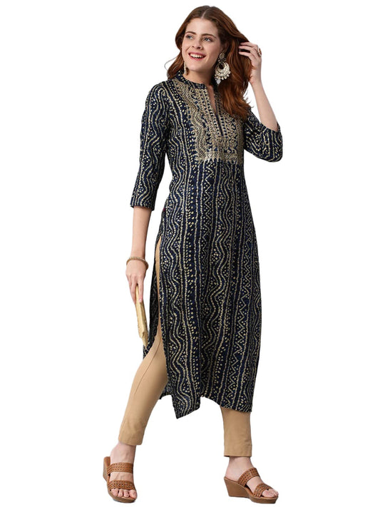 GoSriKi Women's Pure Cotton Rayon Bandhani Printed with Embroidered Straight Kurta (Rugari-Blue-Jan42-GS)
