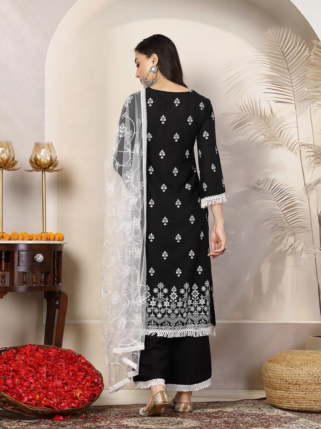 Stylum WomenS Black Ethnic Printed Rayon A-Line Kurta Palazzo Dupatta Set