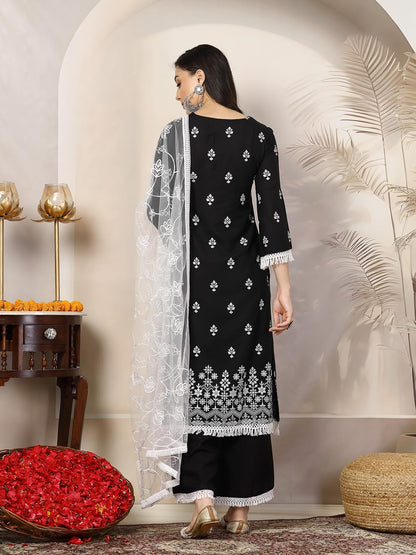 Stylum WomenS Black Ethnic Printed Rayon A-Line Kurta Palazzo Dupatta Set