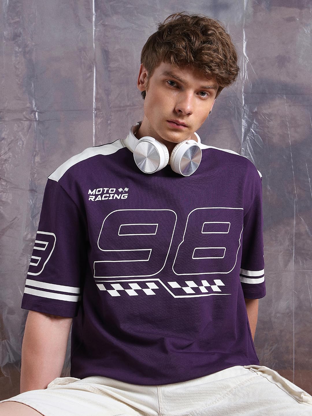 Hubberholme Men Printed Oversized Round Neck Half Sleeves Tshirts 23 Purple