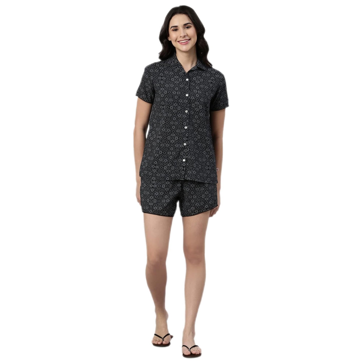 Enamor EC13 Printed Slounge Shirt and Shorts Set for Women with Scallop Lace Trim