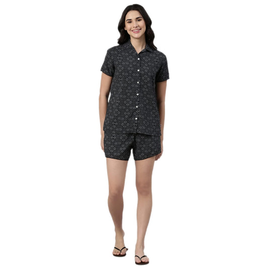 Enamor EC13 Printed Slounge Shirt and Shorts Set for Women with Scallop Lace Trim