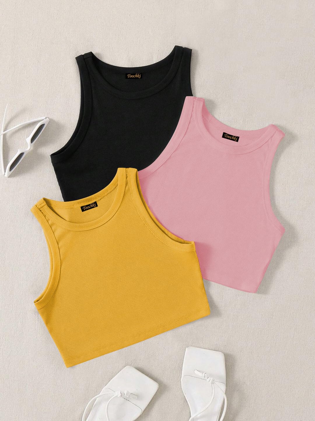 Toochki Tops for Woman | Spandex Top | Crop | Short | Western | Black-Mustard-Pink | for Jeans | Sleeveless | Stretchable | Pack