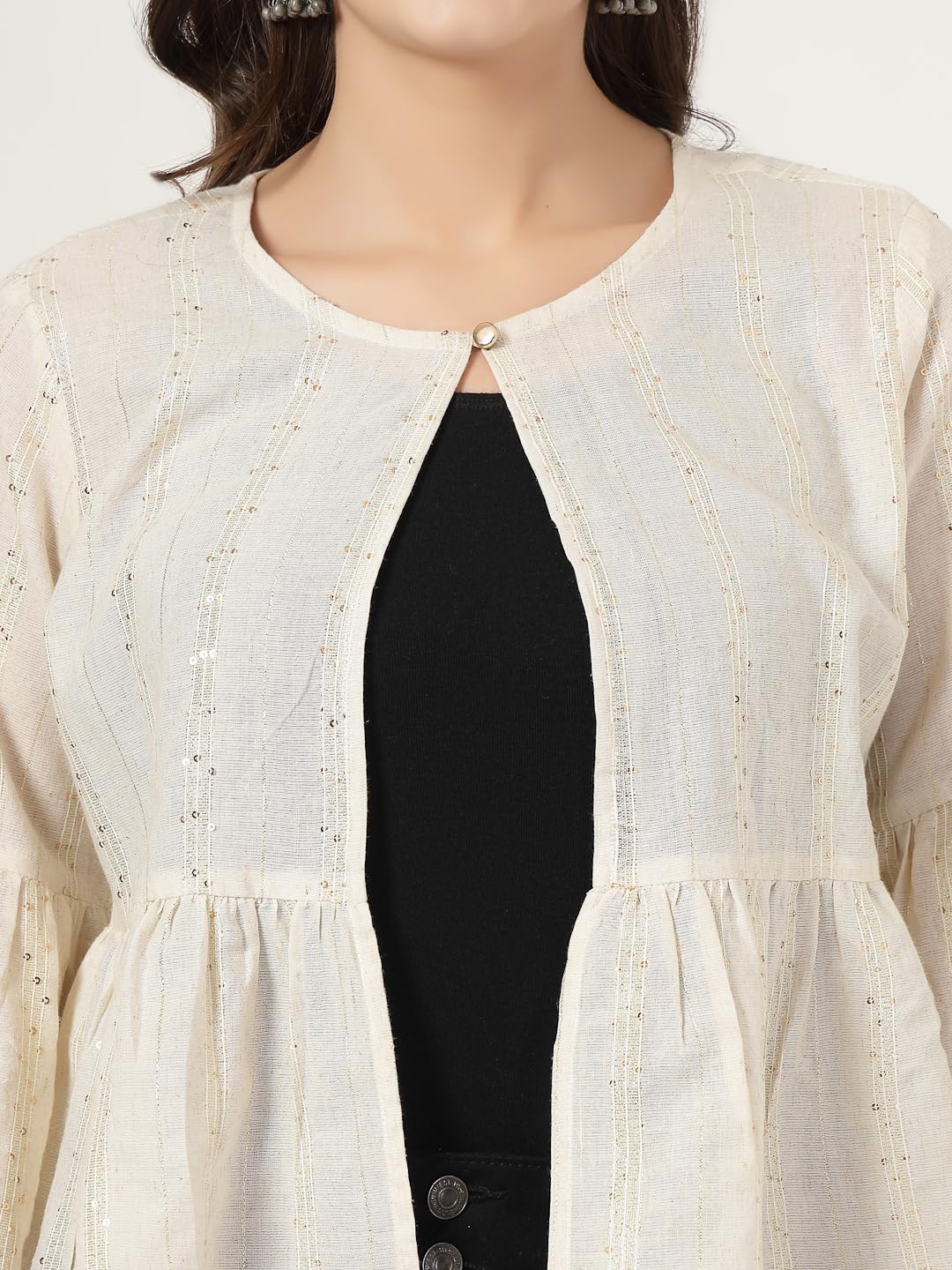 Style Quotient Women Solid Texture Ivory Peplum Fit Open Front Waist Length Shrug