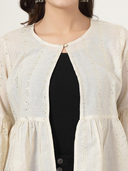 Style Quotient Women Solid Texture Ivory Peplum Fit Open Front Waist Length Shrug