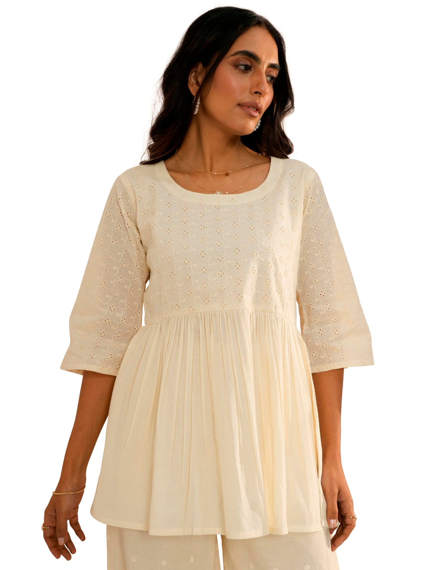 Libas WomenS Pure Cotton Embroidered A-Line Kurtis (29092_Off White