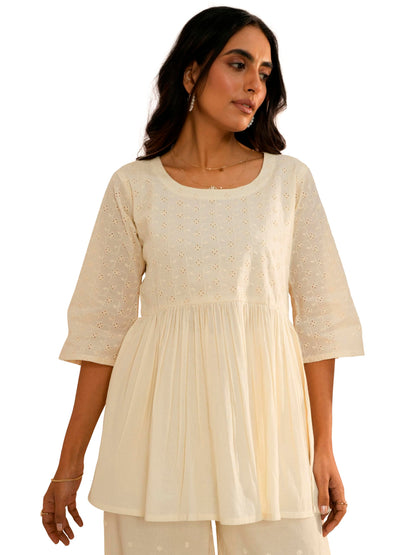 Libas WomenS Pure Cotton Embroidered A-Line Kurtis (29092_Off White