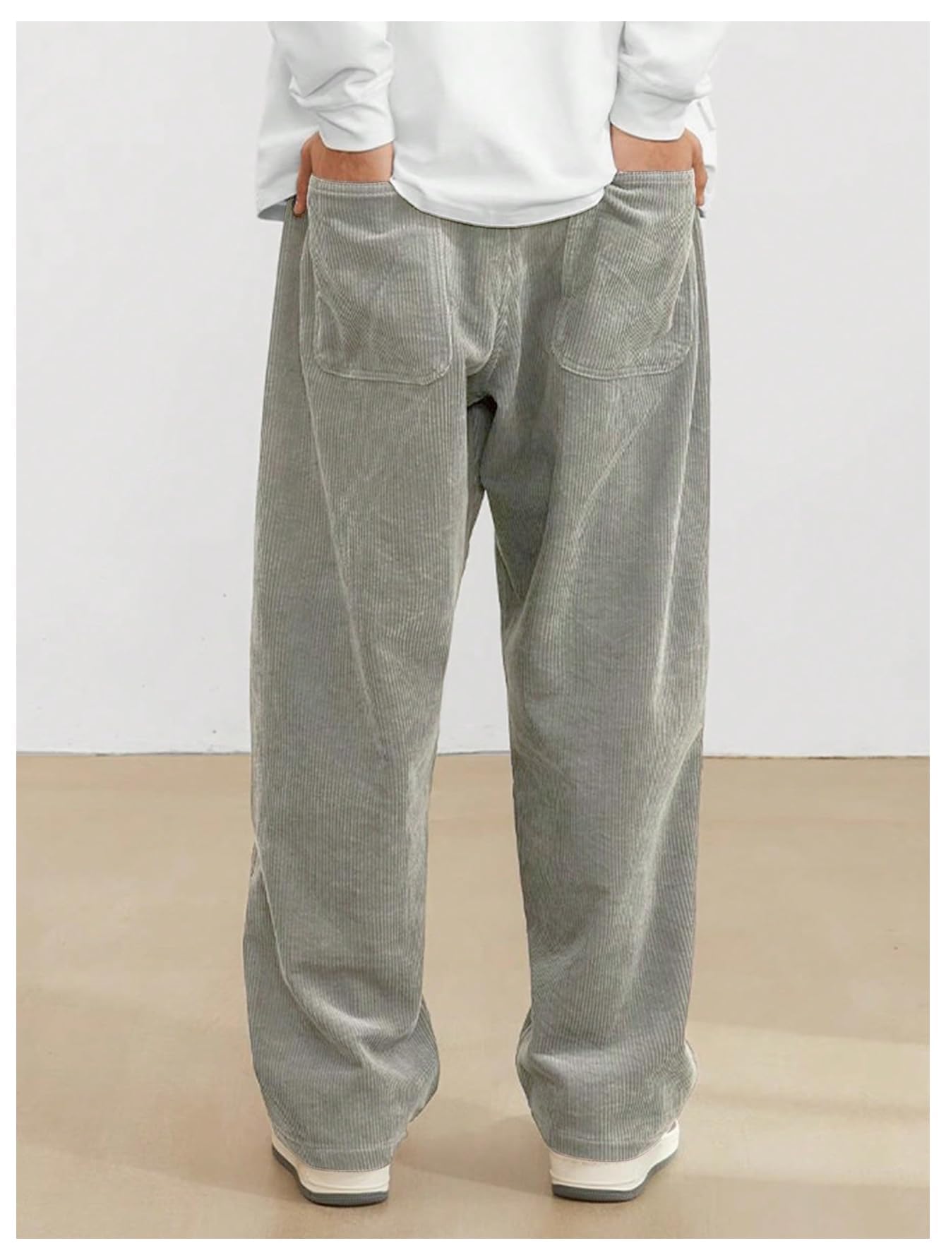 AVANOVA Mens Light Grey Front Tie Loose Fit Corduroy Baggy Long Slacks Chino Pants with Slant Pocket Simple Casual Trousers, Go