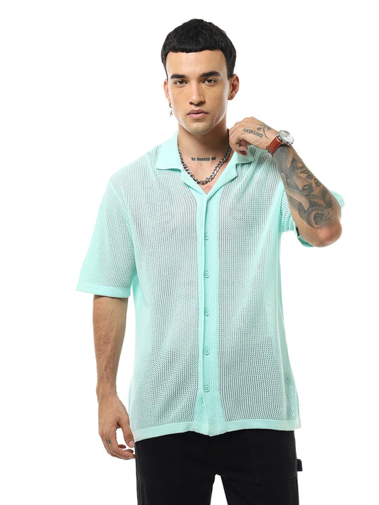 Bewakoof MenS Textured Oversized Fit Half Sleeve Collared Neck Cotton Shirt_634258_Blue_M
