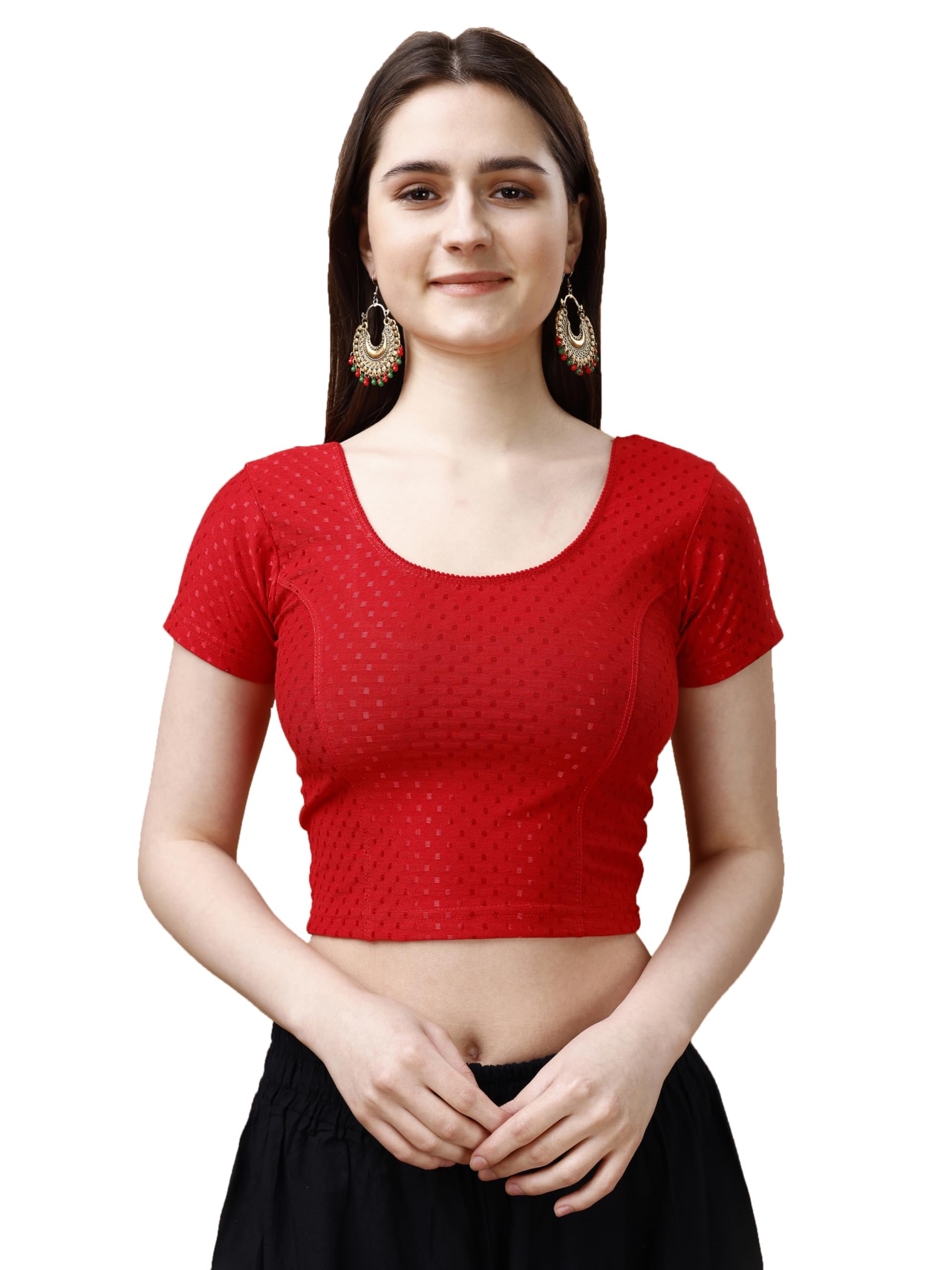 Pujia Mills Womens Readymade Dobby Cotton Lycra Stretchable Round Neck Short Sleeve Blouse Fancy Red Color Lycra Stretchable Bl