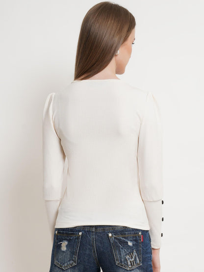 POPWINGS Casual Solid Puff Button Long Sleeves Tops for Women || Summer Round Neck Tops for Women || Stylish Western Top for Jea