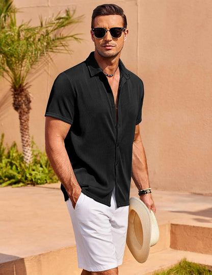 CB-COLEBROOK Mens Casual Shirts Short Sleeve Button Down Loose Fit Shirt for Men Wedding Beach Fashion Shirt (in, Alpha, L, Reg