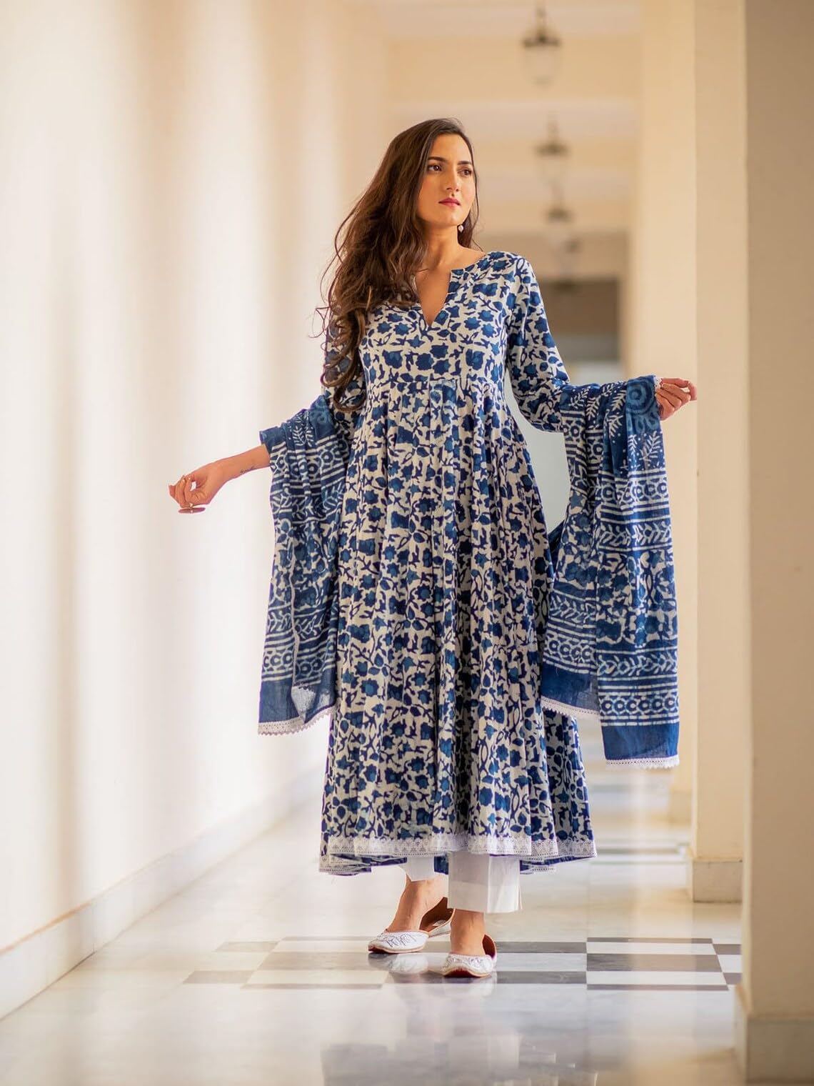 Gosriki WomenS Rayon Blend Anarkali Printed Kurta With Pant & Dupatta (Yutika Blue-Gs_L_Blue_Large)