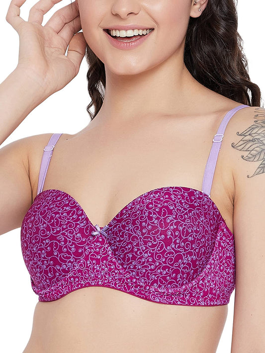 Clovia Womens Level-2 Push-Up Underwired Printed Strapless T-Shirt Bra with Balconette Style (BR2080L15_Purple_38B)