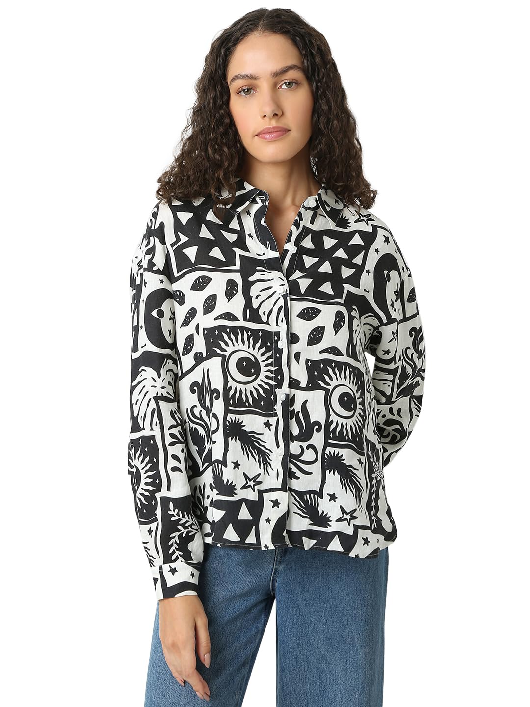 Vero Moda Women Abstract Print Black Linen Regular Fit Shirt