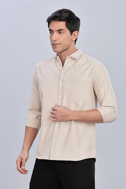 Mildin MenS Brown Pure Cotton Full Sleeve Spread Collar Regular Fit Striped Printed Formal Shirt With Patch Pocket (Brown Oxfor