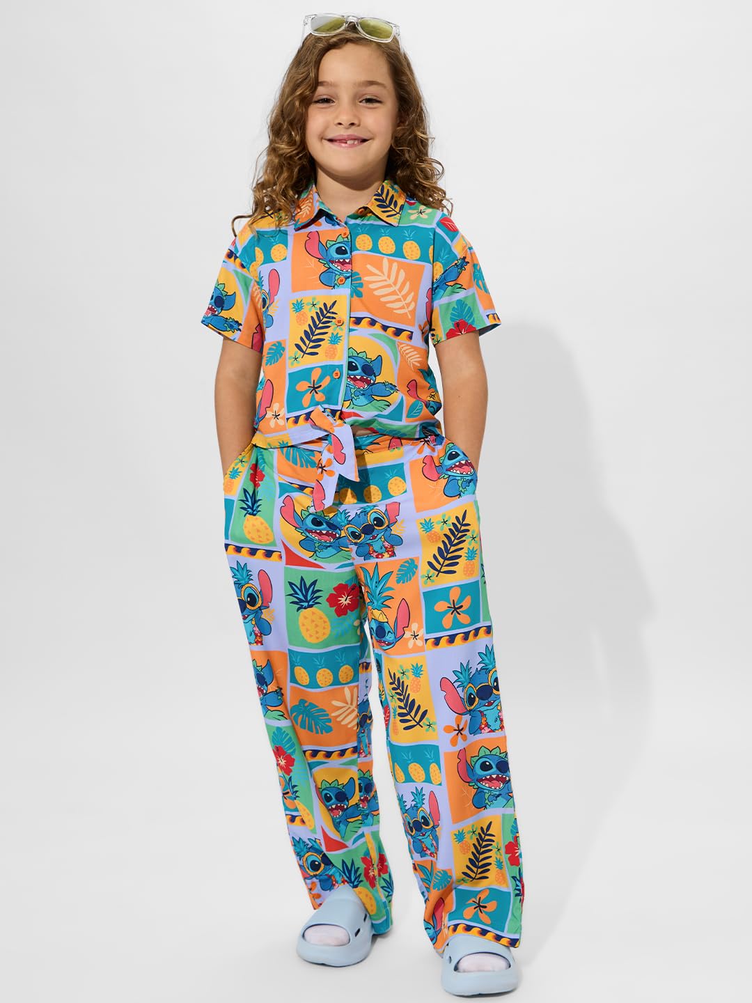 The Souled Store Lilo & Stitch: Pineapple Girls Young Girls Short Sleeves Collared Neck Button Front Multicolor All Over Printed