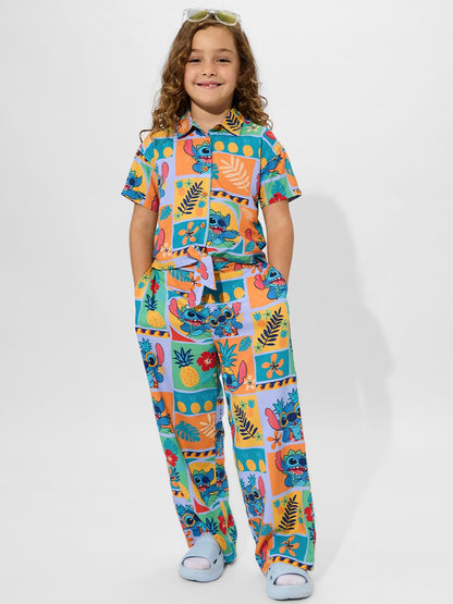 The Souled Store Lilo & Stitch: Pineapple Girls Young Girls Short Sleeves Collared Neck Button Front Multicolor All Over Printed