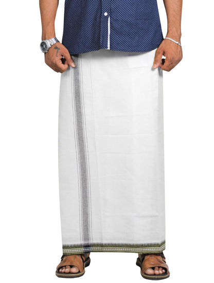 Prakasam Cotton Mens Cotton Kerala Thalapathi Border Welcro Pocket Dhoti (Free Size Dhoti) / White Colour Thalapathi Adjustable
