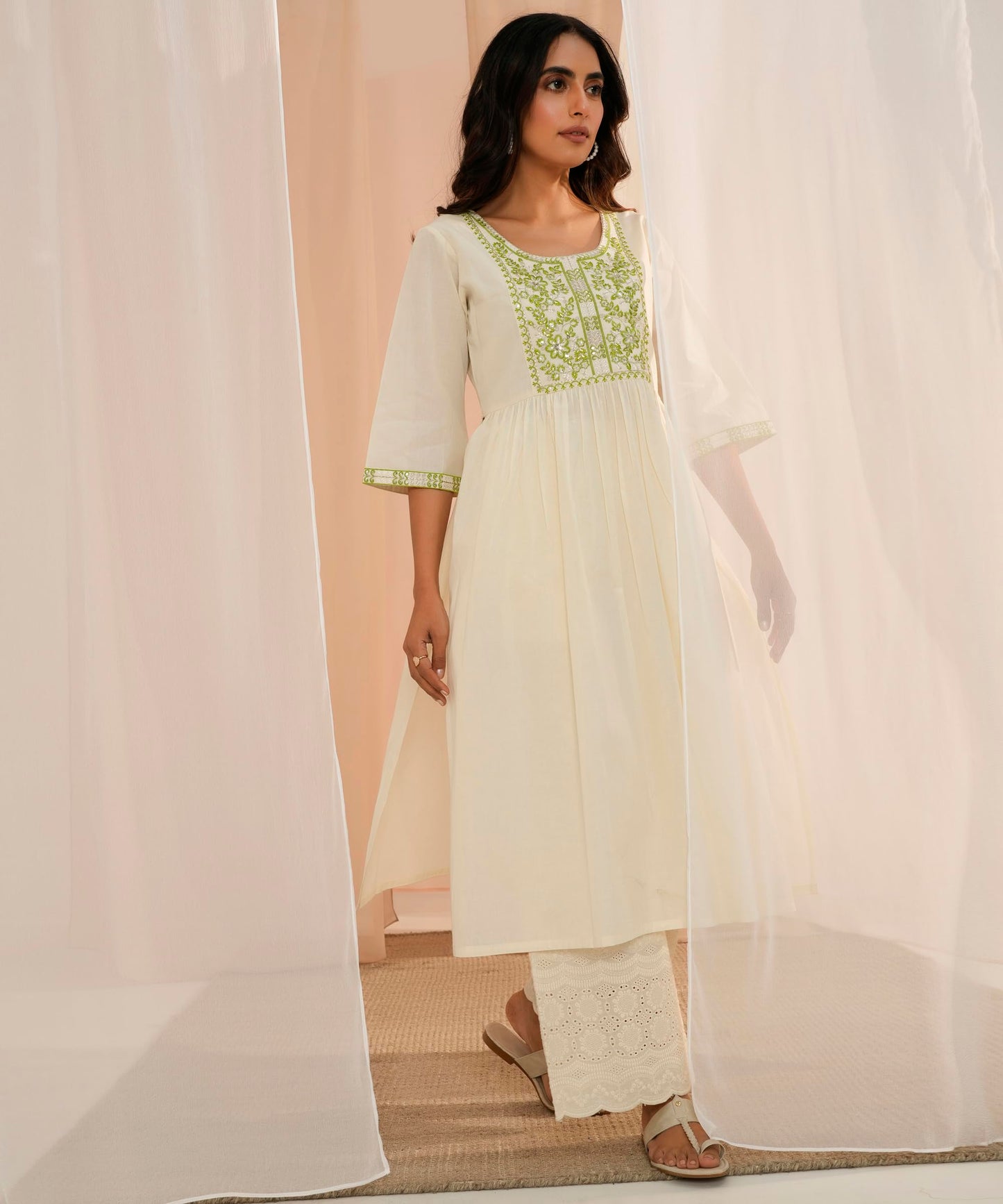 Libas WomenS Cotton Printed A-Line Kurta (26726_Off White
