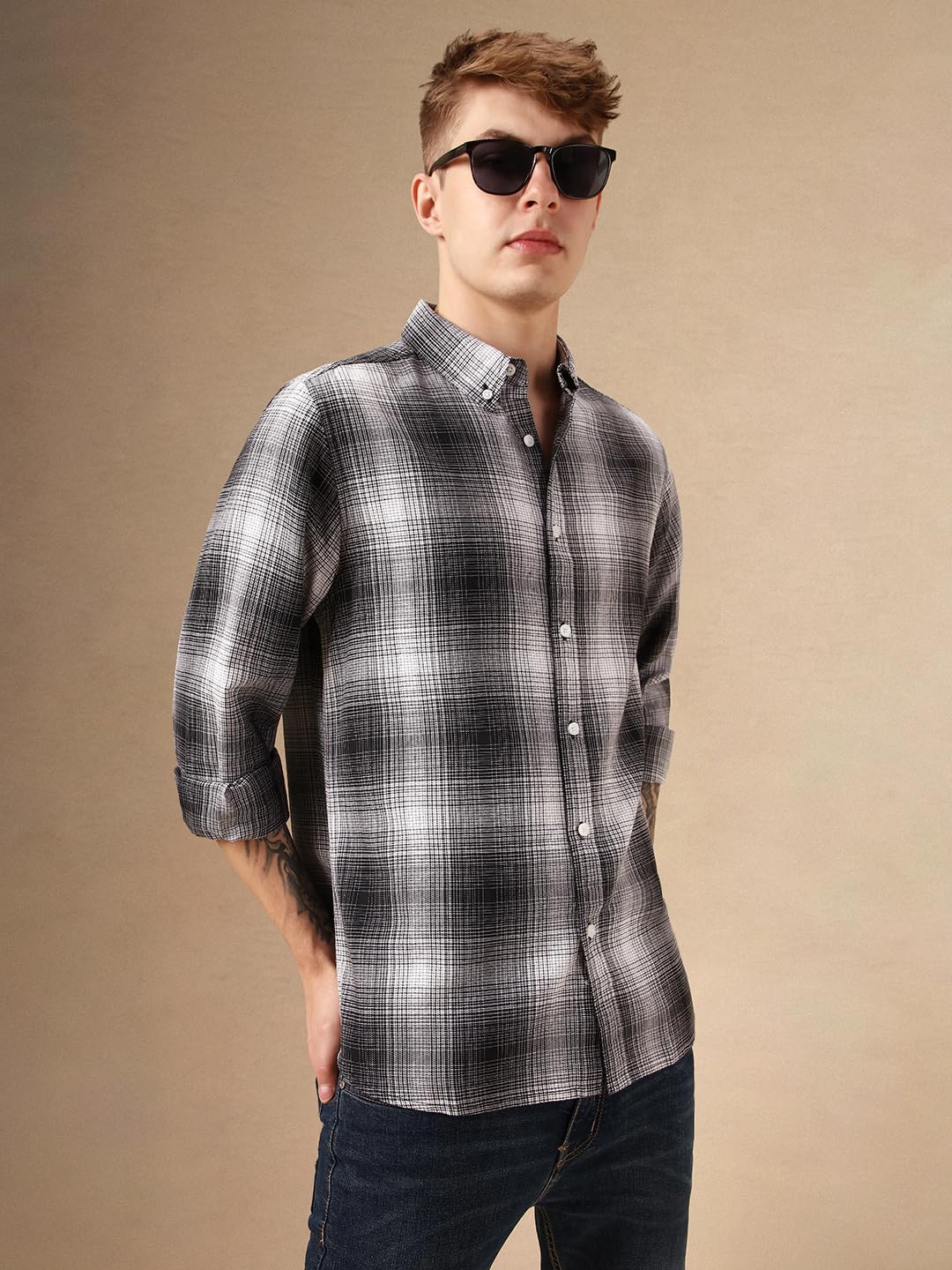 Dennis Lingo Men Black 100% Cotton Full Sleeve Button Down Collar Checks Shirts